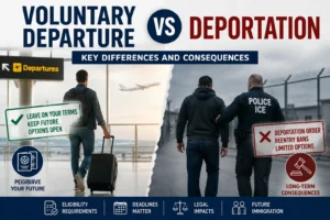 Voluntary departure vs deportation comparison showing immigration consequences, reentry bans, and future immigration options